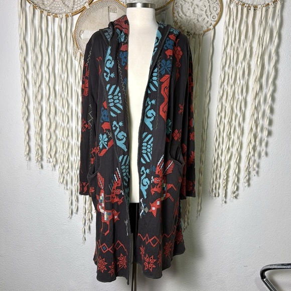 Johnny Was | Biya Brown Hood with Aqua and Coral Aztex Embroidery Detail Size S - Picture 1 of 9